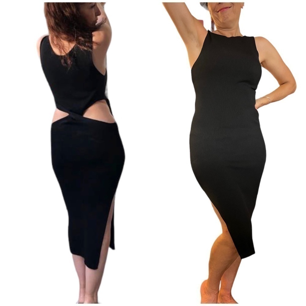 Midriff cutout Sweater Dress Cut out Waist 2 way, black, size L, side slit - Picture 2 of 7